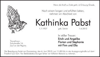 Traueranzeige von Kathinka Pabst von Pegnitz-Zeitung